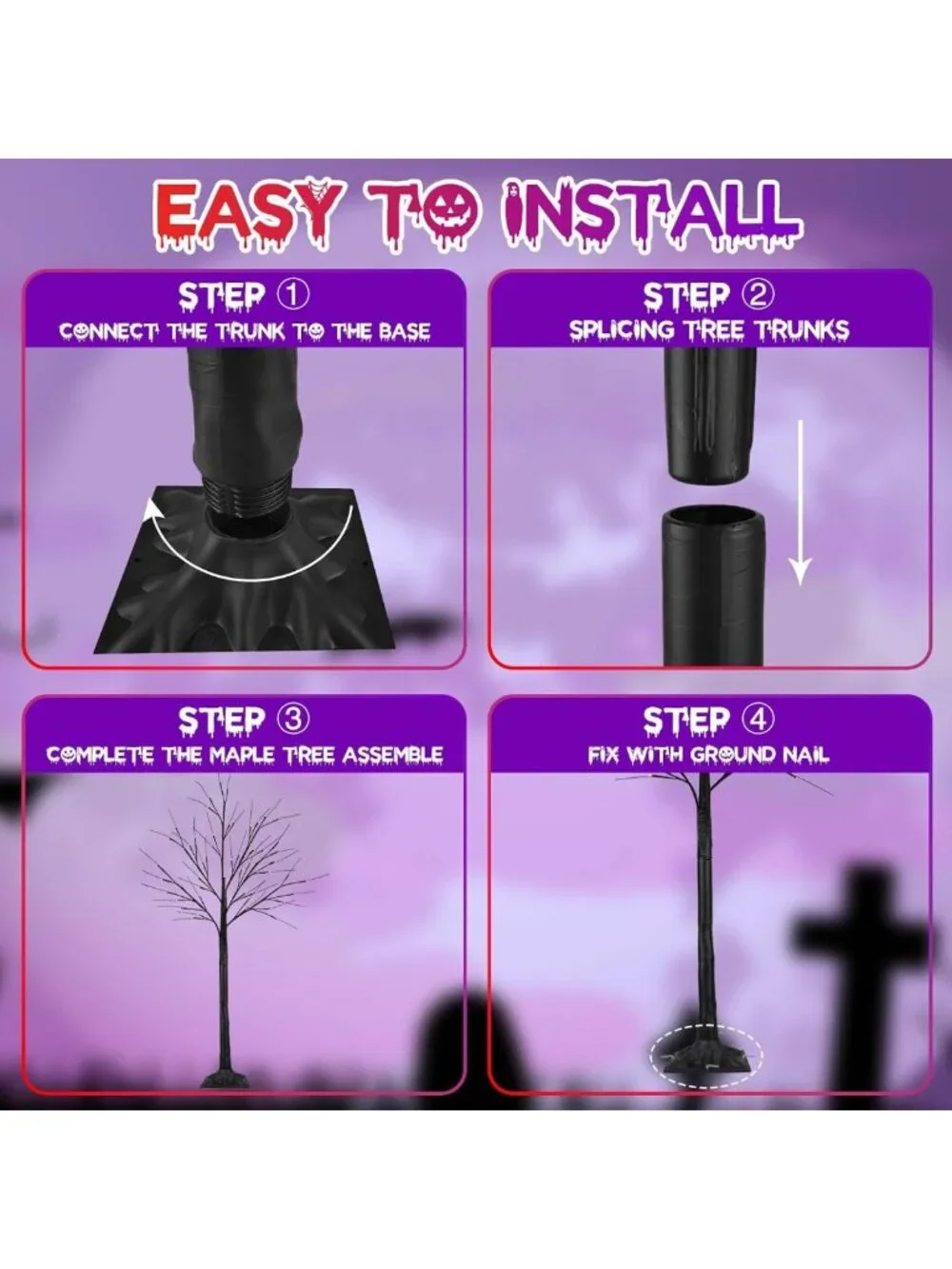 2 Pack 4FT Black Halloween Tree with 100 LED Orange & Purple Lights - Spooky